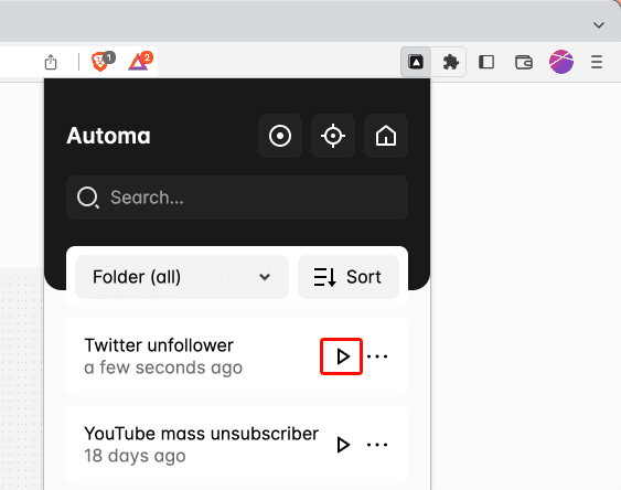 automa start twitter unfollower workflow