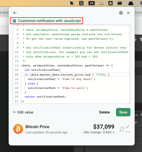 with js customizing the notification logic